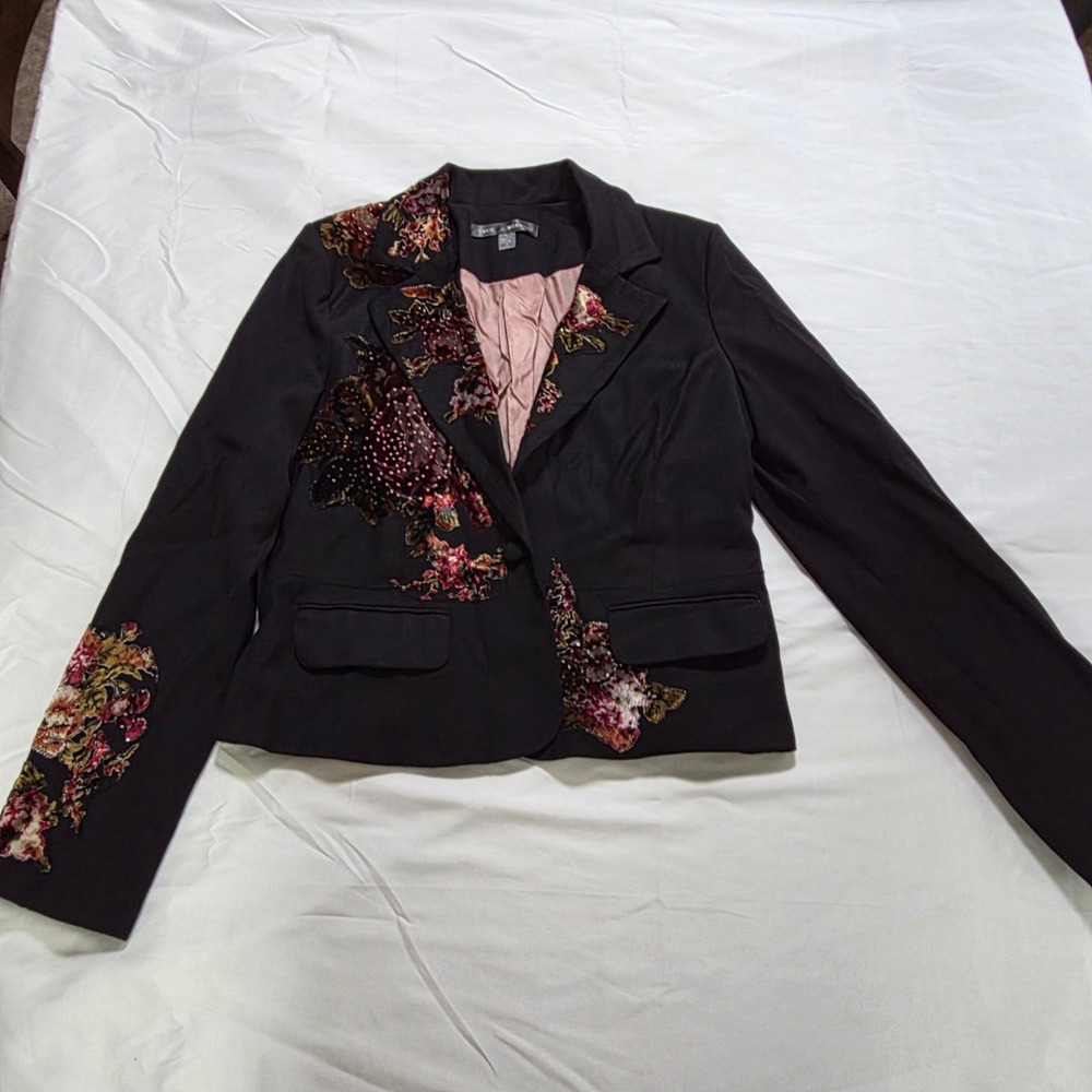 True Meaning Womens Black Floral Velvet Burnout Beaded Blazer Jacket Size 8